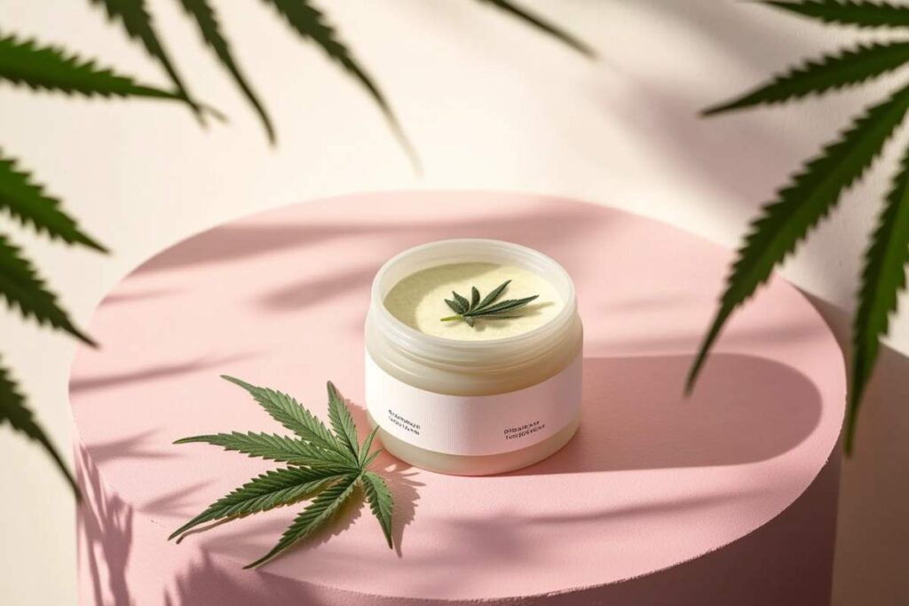 fleur et crème de cbd posé sur une table rose